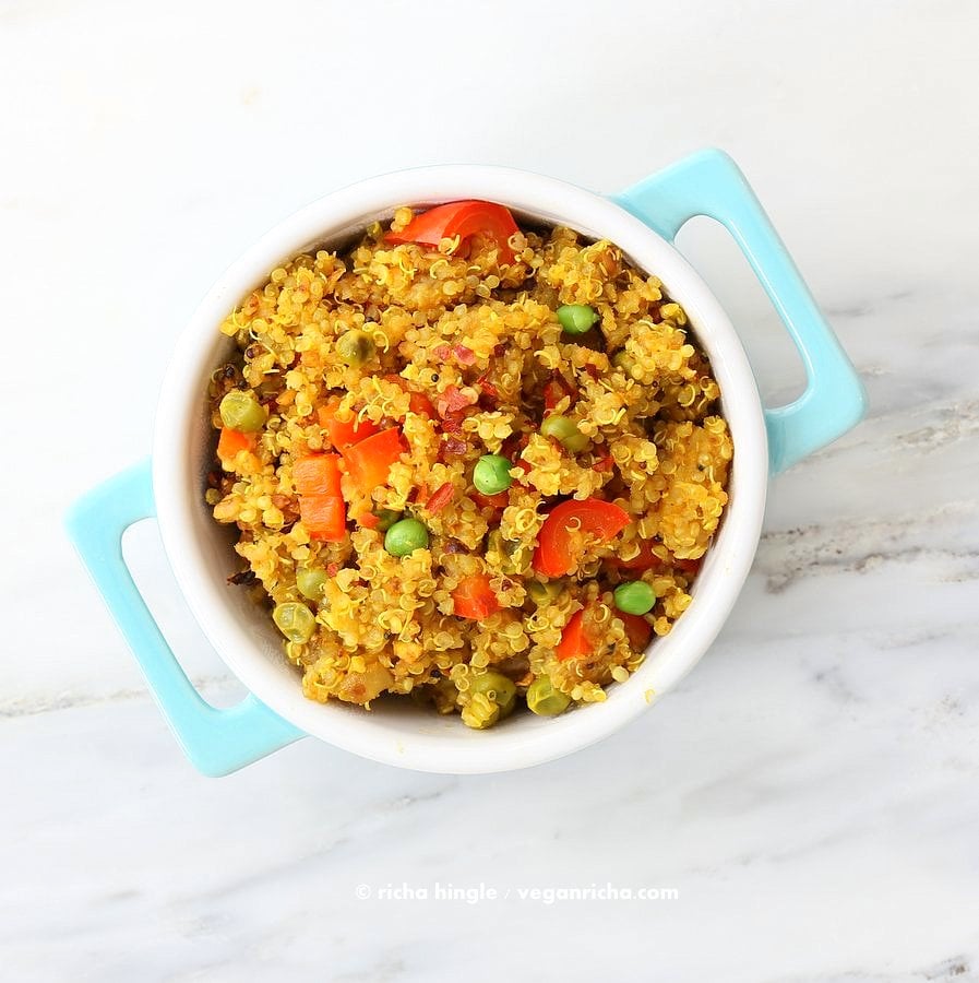 Overhead of South Indian Quinoa Salad in a blue polka dot dish