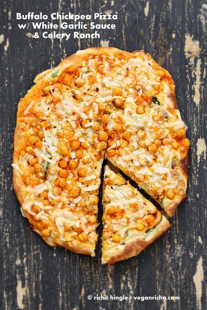 Buffalo Chickpea Pizza with celery ranch | VeganRicha.com