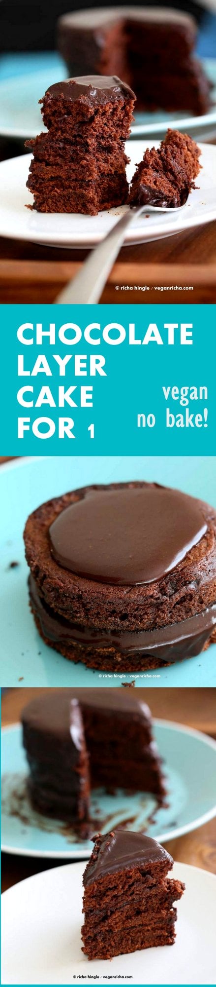Vegan Chocolate Layer Cake with Ganache, made on stove top as pancake and not baked in an oven! It comes together within minutes, is moist and decadent | VeganRicha.com #vegan #chocolate #cake