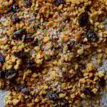 red lentil granola on the pan after baking