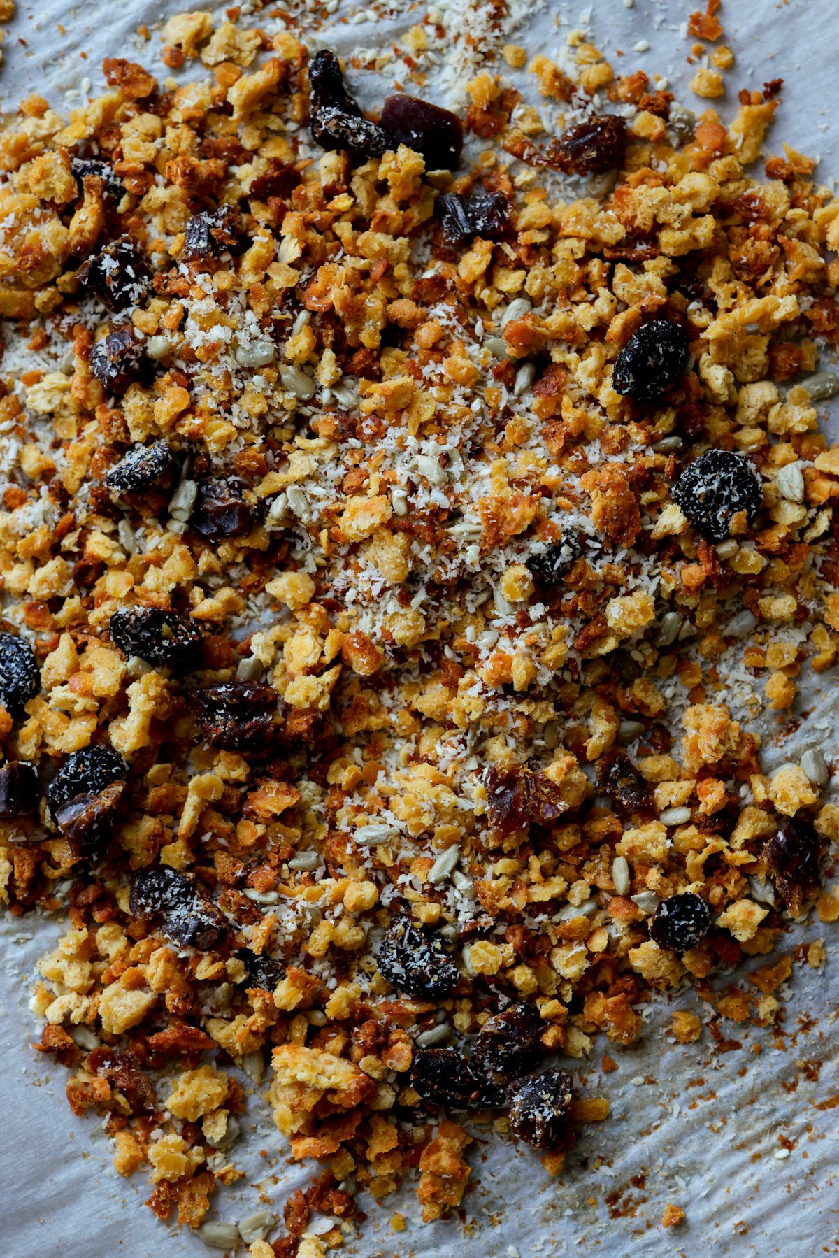 red lentil granola on the pan after baking