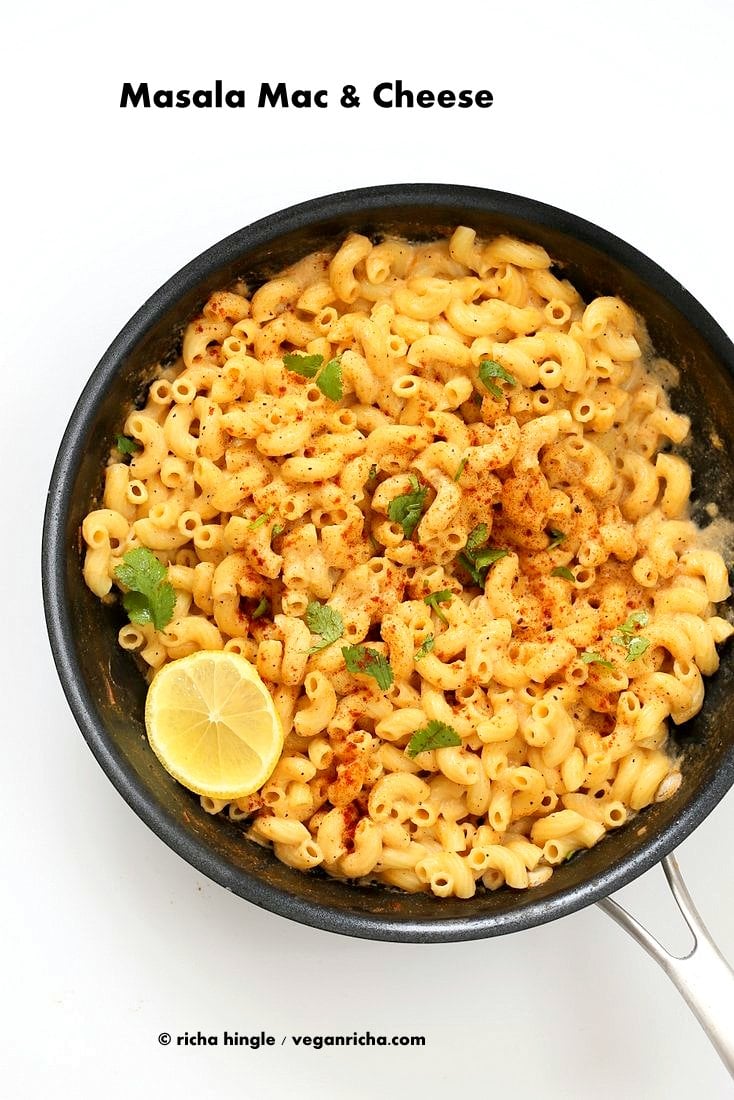 Masala Mac and Cheese! Garam masala spice blend, cumin, fennel, cayenne, nigella and fenugreek seeds in this Indian Spiced cheese sauce. | VeganRicha.com #Vegan #Recipe #maccheese