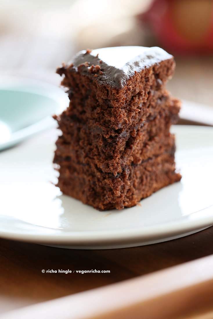 Vegan Chocolate Layer Cake with Ganache, made on stove top and not baked in an oven! It comes together within minutes, is moist and decadent | VeganRicha.com #vegan #chocolate #cake