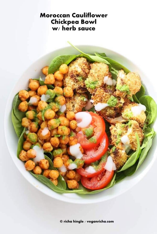 Moroccan Chickpea Cauliflower Bowl with Herb sauce | Vegan Richa #glutenfree #veganricha #vegan