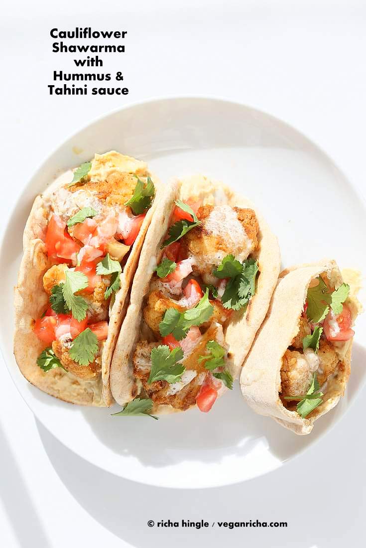 Vegan Cauliflower Shawarma -Shawarma spice roasted Cauliflower wraps with hummus and tahini dressing with from scratch Shawarma Spie Blend #vegan #veganricha #wraps #shawarma #nutfree #soyfree easily #glutenfree | Vegan Richa