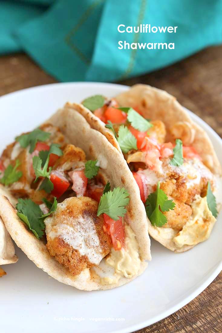 Cauliflower Shawarma -Shawarma spice roasted cauliflower wraps with hummus and tahini dressing | Vegan Richa