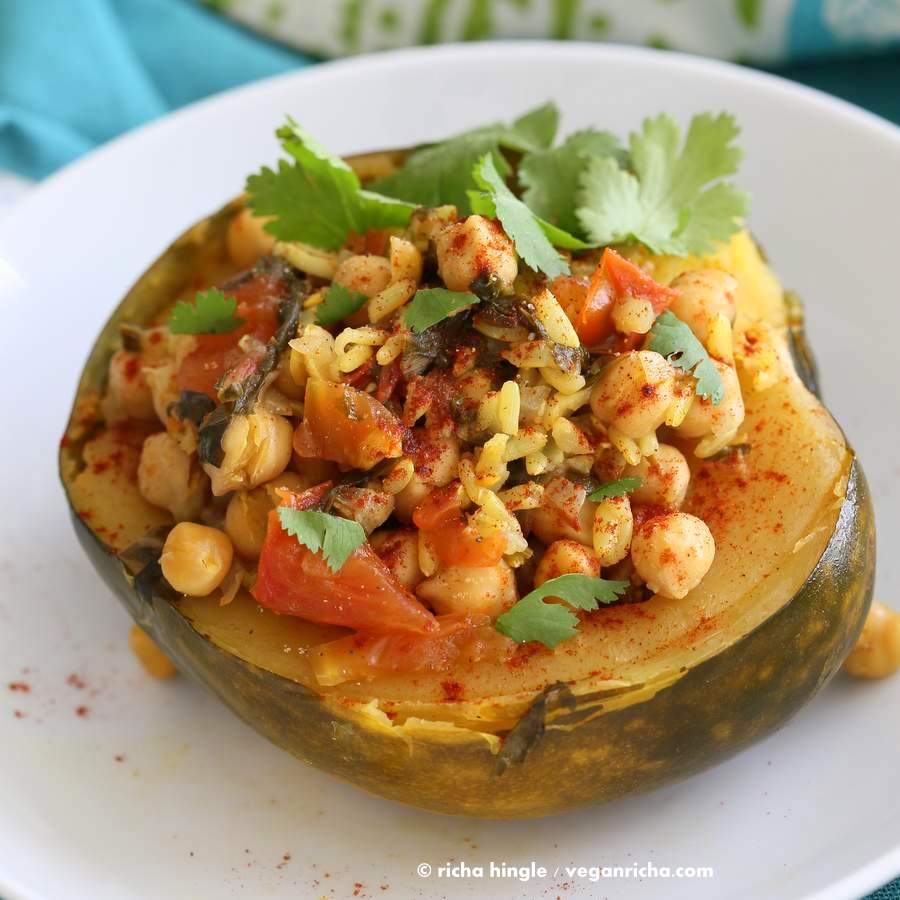 Pressure Cooker Curried chickpea Stuffed Acorn Squash | Vegan Richa