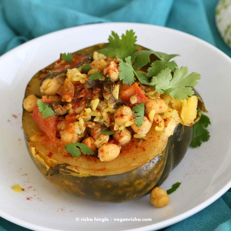 Pressure Cooker Curried chickpea Stuffed Acorn Squash | Vegan Richa