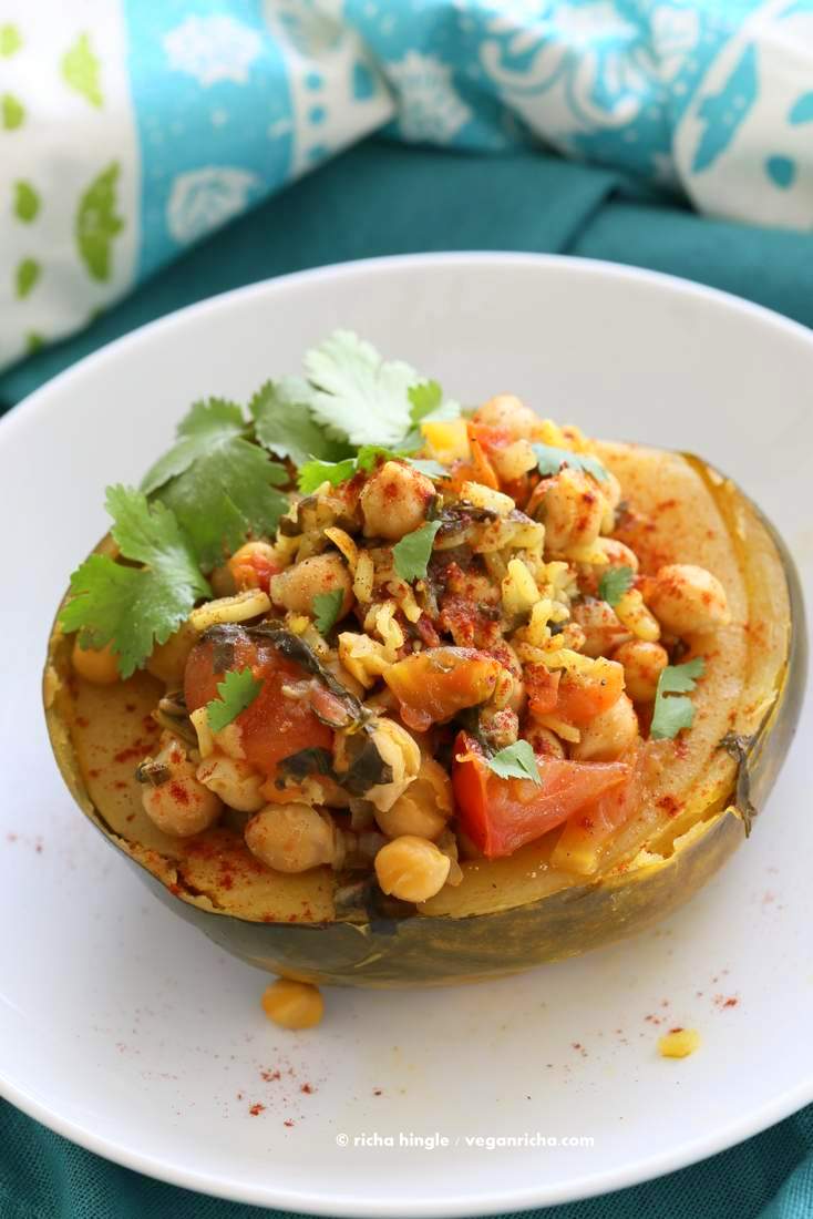 Pressure Cooker Curried chickpea Stuffed Acorn Squash | Vegan Richa