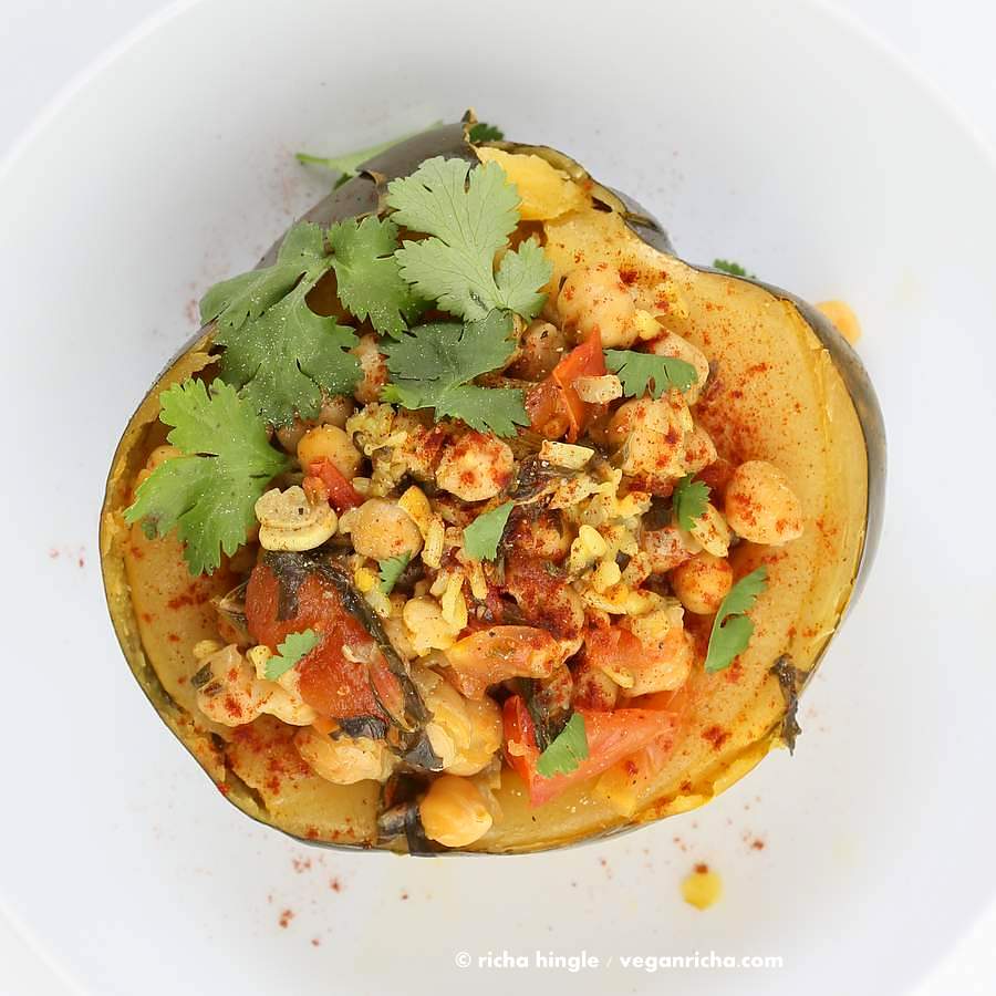 Pressure Cooker Curried chickpea Stuffed Acorn Squash | Vegan Richa