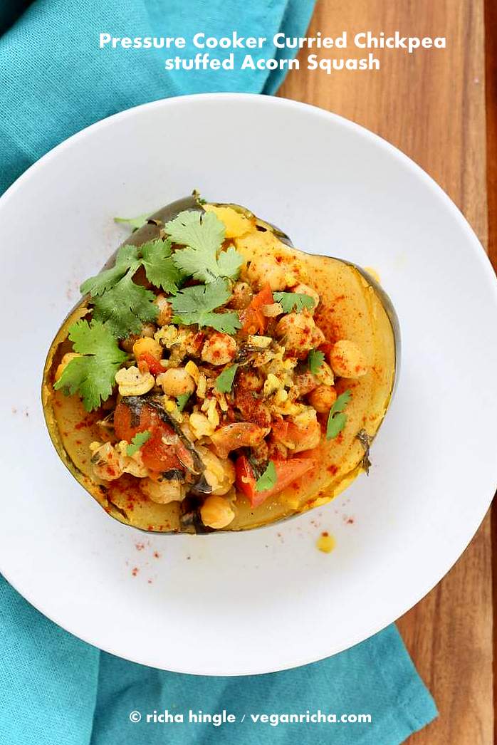 Pressure Cooker Curried chickpea Stuffed Acorn Squash | Vegan Richa