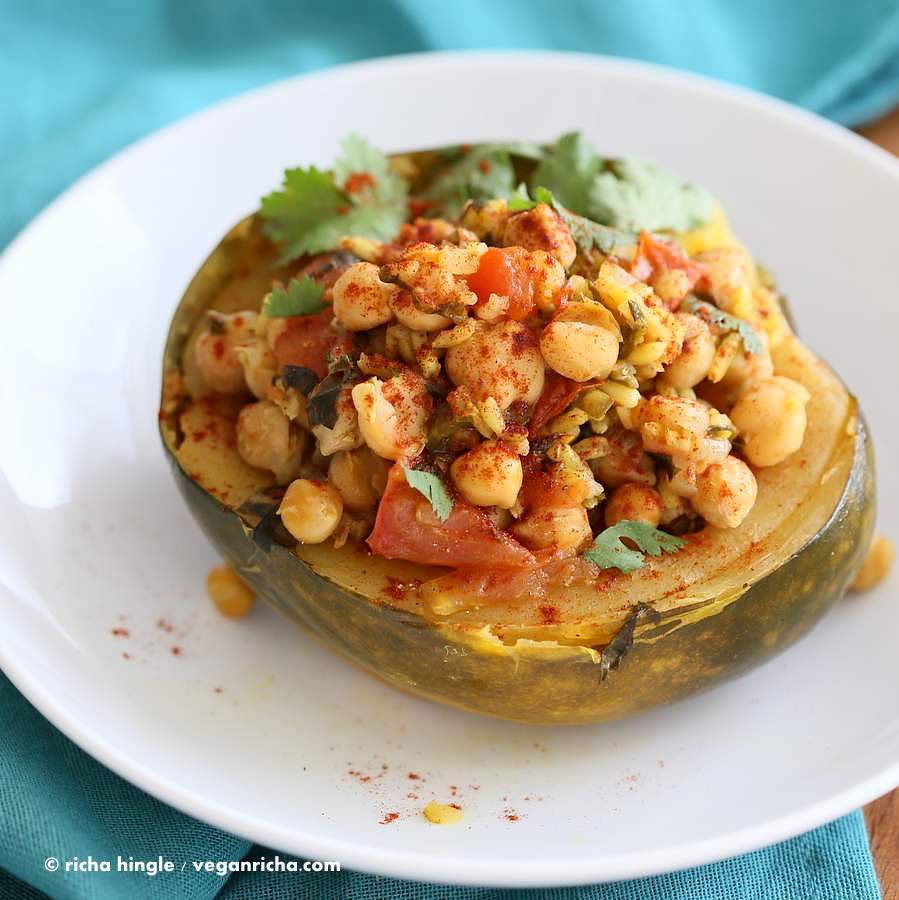 Pressure Cooker Curried chickpea Stuffed Acorn Squash | Vegan Richa