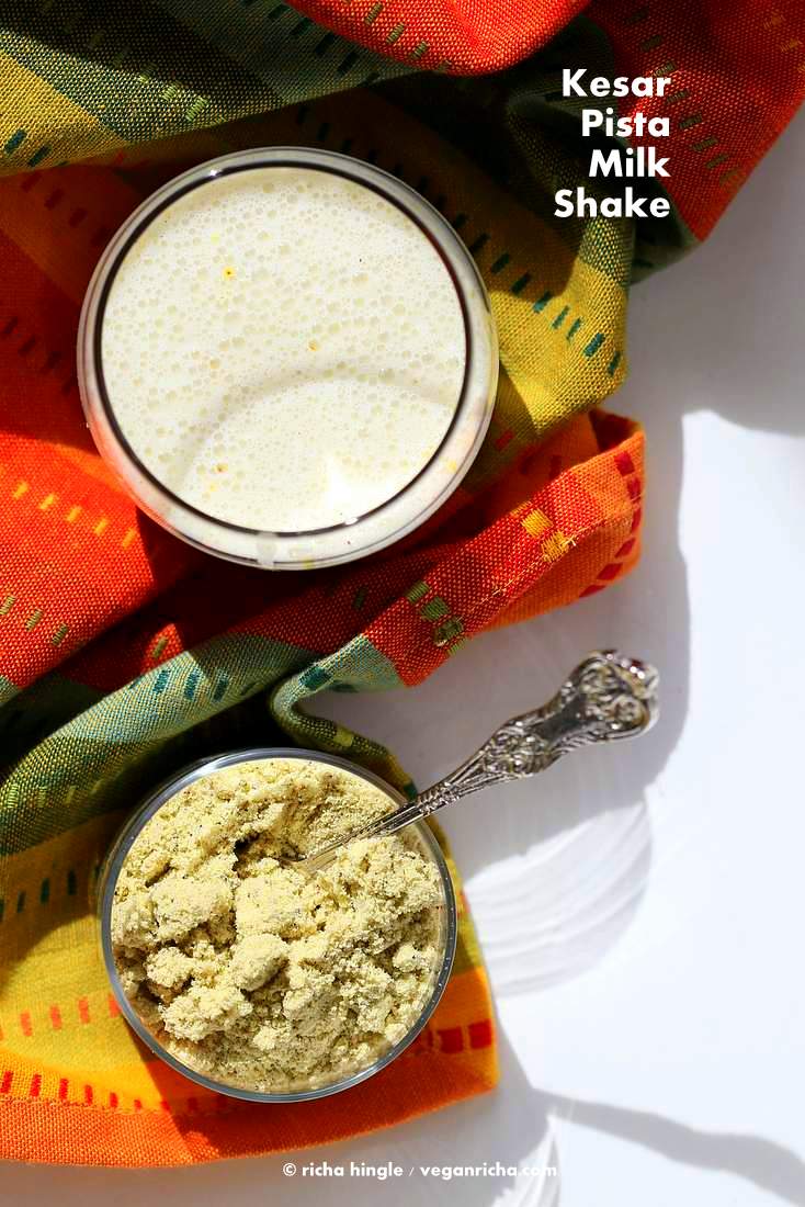 Kesar Pista Masala Milk Mix -Saffron Pistachio Milk Shake. Make this dry mix, add in hot or cold non dairy milk just like a hot chocolate mix, for a saffron and pistachio drink with warm spice #vegan #glutenfree #Indian https://veganricha.com