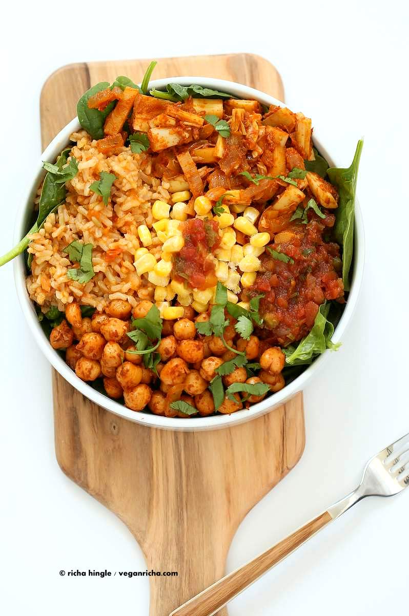 Vegan Tinga bowl with Hearts of Palm, Chickpeas, Spanish Rice | Vegan Richa