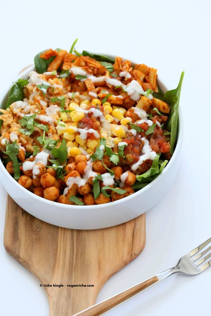 Vegan Tinga bowl with Hearts of Palm, Chickpeas, Spanish Rice | Vegan Richa