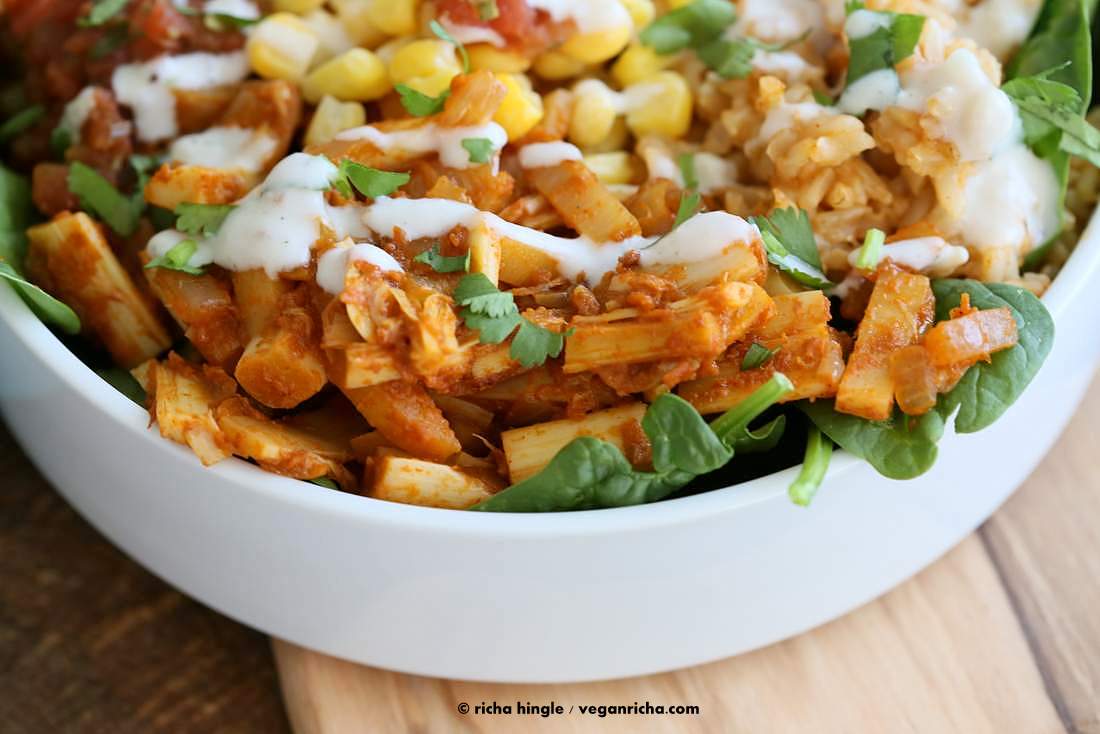 Vegan Tinga bowl with Hearts of Palm, Chickpeas, Spanish Rice | Vegan Richa