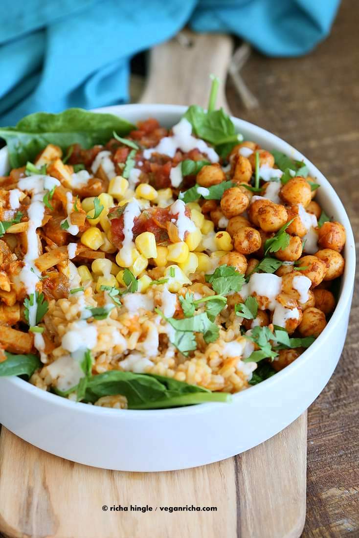 Vegan Tinga bowl with Hearts of Palm, Chickpeas, Spanish Rice | Vegan Richa