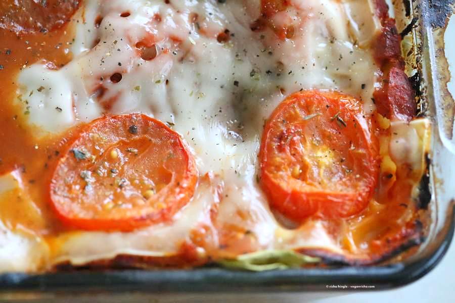 Vegan Veggie Lasagna. Easy Lasagna for 2 with herbed mushrooms, greens, tofu thyme ricotta, chao cheese slices . Vegan Recipe | VeganRicha.com