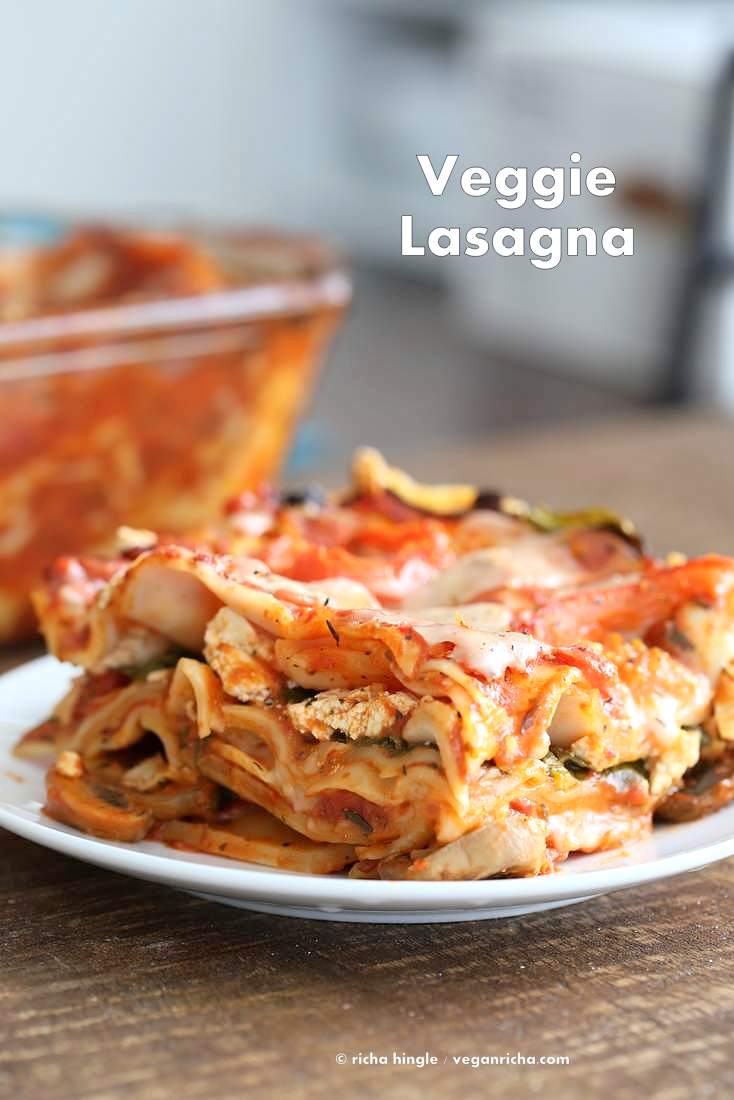 VVegan Veggie Lasagna. Easy Lasagna for 2 with herbed mushrooms, greens, tofu thyme ricotta, chao cheese slices . Vegan Recipe | VeganRicha.com