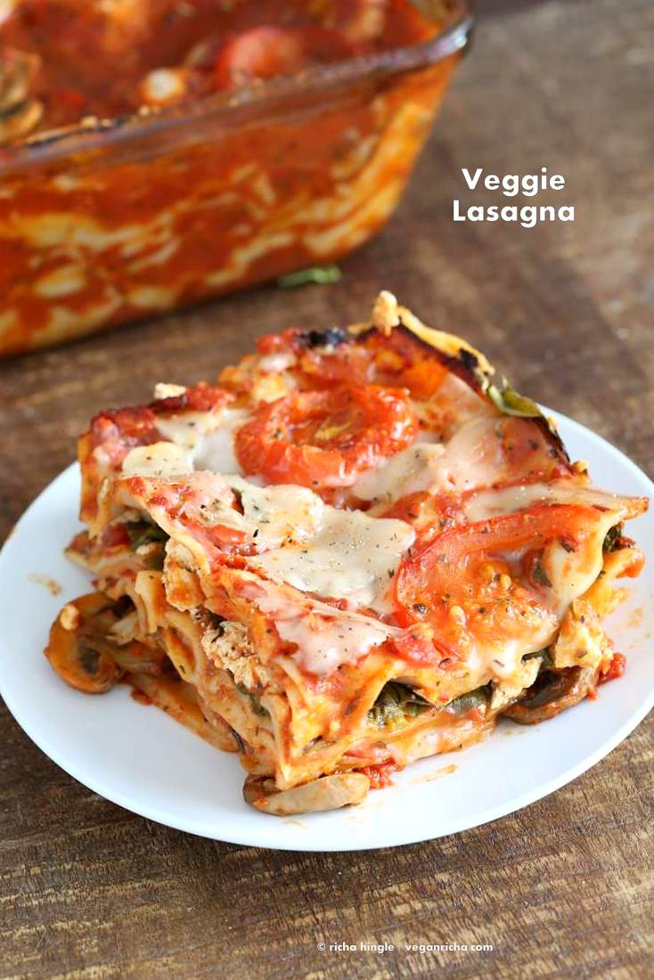 Vegan Veggie Lasagna. Easy Lasagna for 2 with herbed mushrooms, greens, tofu thyme ricotta, chao cheese slices . Vegan Recipe | VeganRicha.com