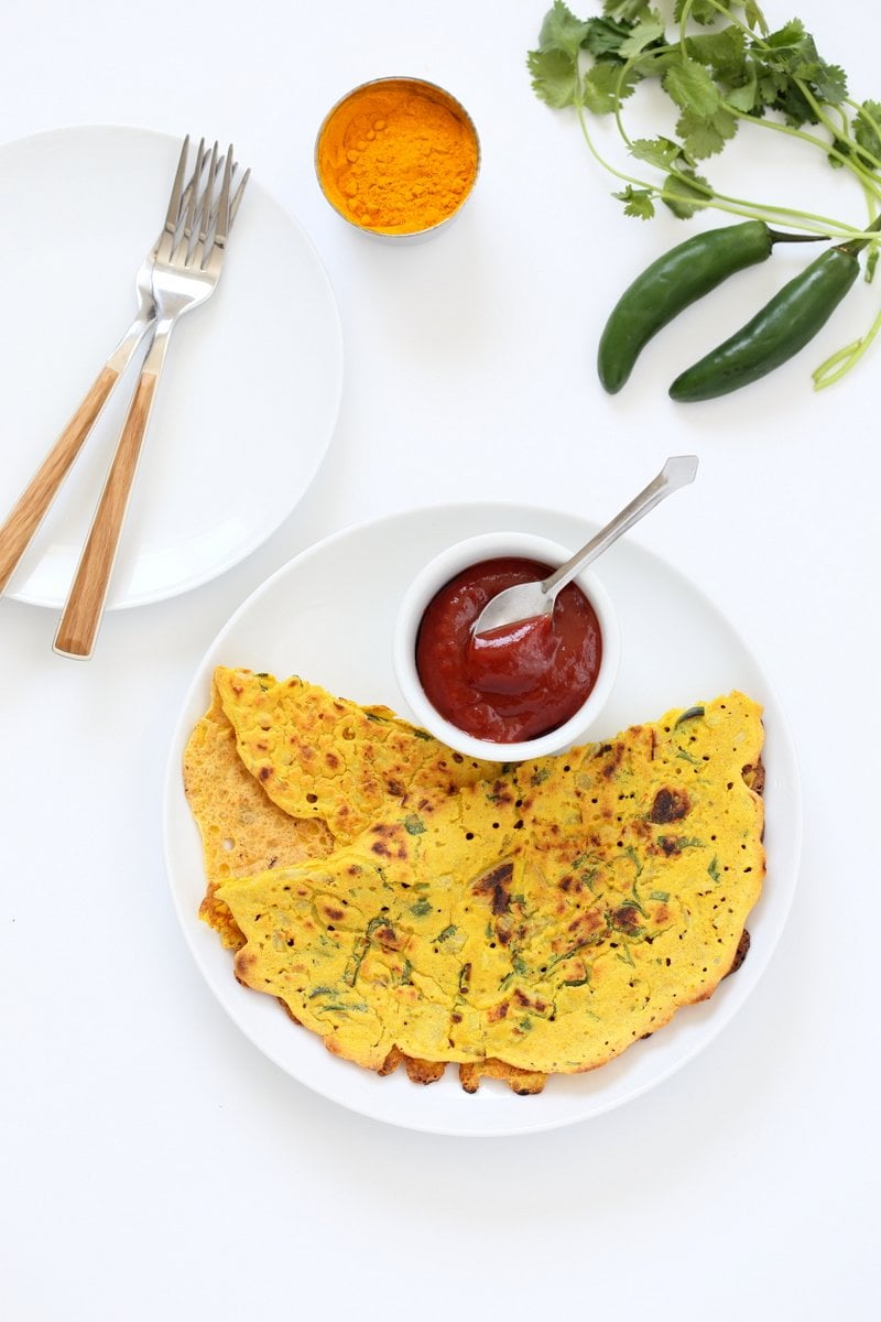 Chilla, Cheela or Pudla are simple Indian breakfast pancakes. These Vegan Chickpea flour Pancakes are crepe like savory breakfast. Add veggies to the batter or serve with roasted veggies and a dip. Gluten-free Soy-free Nut-free Recipe.  | Vegan Richa