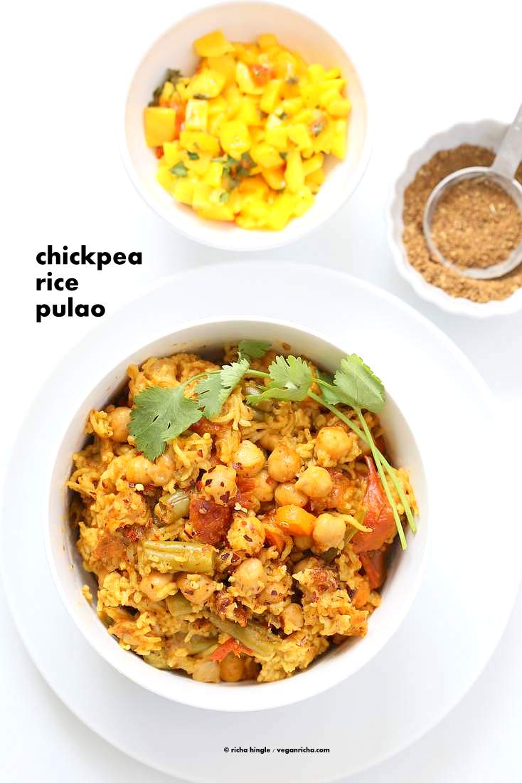 Chickpea Rice Pulao with Pulao/Biryani Masala. Easy One Pot meal w/ chickpeas, basmati rice and vegetables. Vegan Gluten-free Soy-free Nut-free Recipe. Can be made oil-free | Vegan Richa