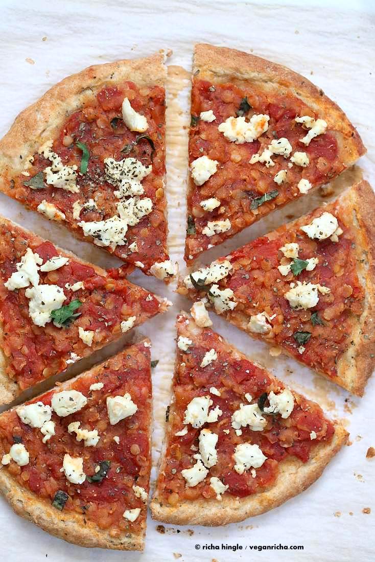 Chipotle Red lentil Tomato Sauce, Basil and Vegan Ricotta Pizza | Vegan Richa