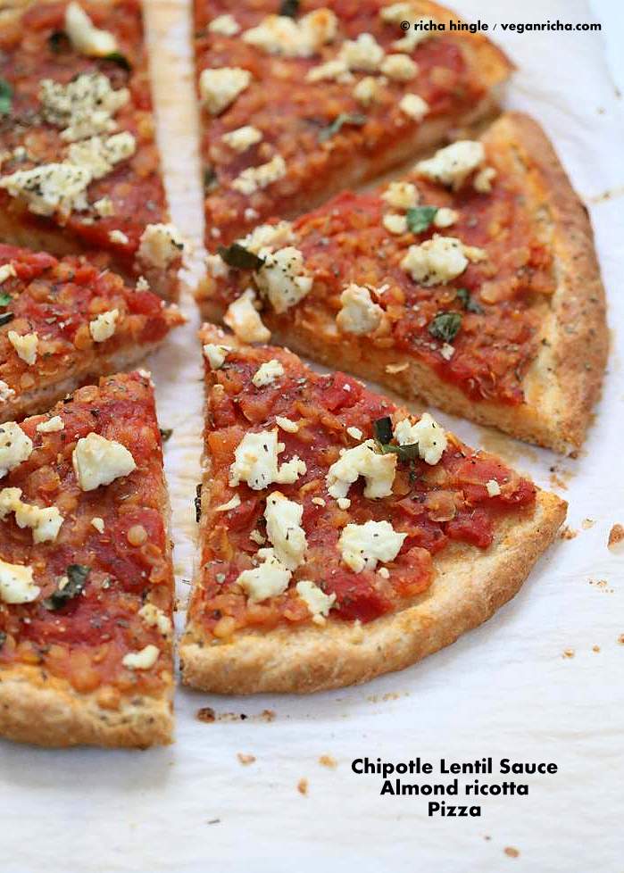 Chipotle Red lentil Tomato Sauce, Basil and Vegan Ricotta Pizza | Vegan Richa