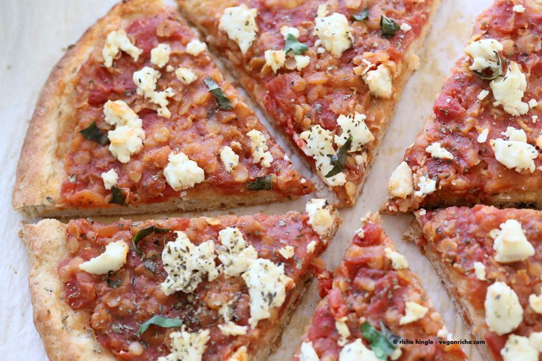 Chipotle Red lentil Tomato Sauce, Basil and Vegan Ricotta Pizza | Vegan Richa