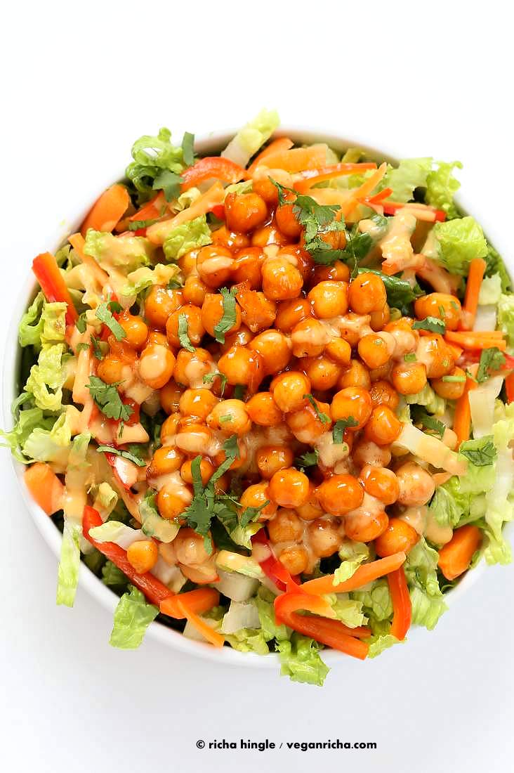 Crunchy Salad with firecracker Chickpeas and Peanut sauce | Vegan Richa