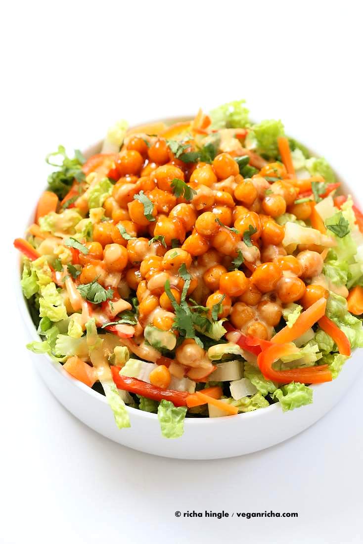 Crunchy Salad with firecracker Chickpeas and Peanut sauce | Vegan Richa