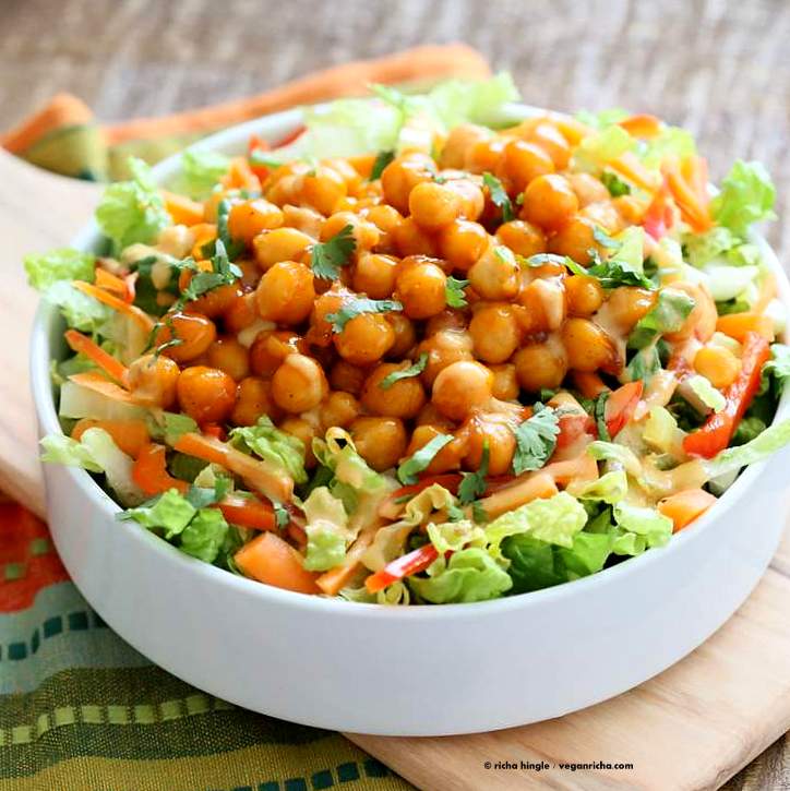 Crunchy Salad with firecracker Chickpeas and Peanut sauce | Vegan Richa