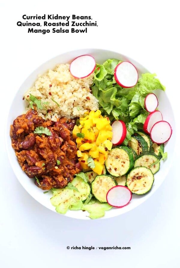 Curried Kidney Beans, Quinoa, Roasted Zucchini, Mango Salsa Bowl | Vegan Richa #glutenfree #veganricha #vegan