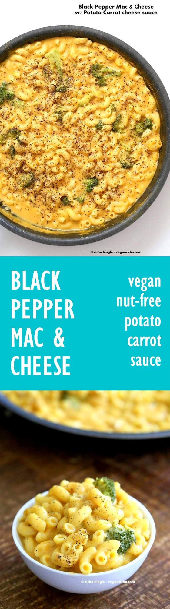 Vegan Black Pepper Mac and cheese with nutfree potato carrot sauce | VeganRicha.com #vegan #macncheese #nutfree #recipe