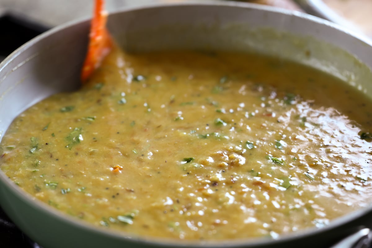 dal fry in the pan after adding the cilantro