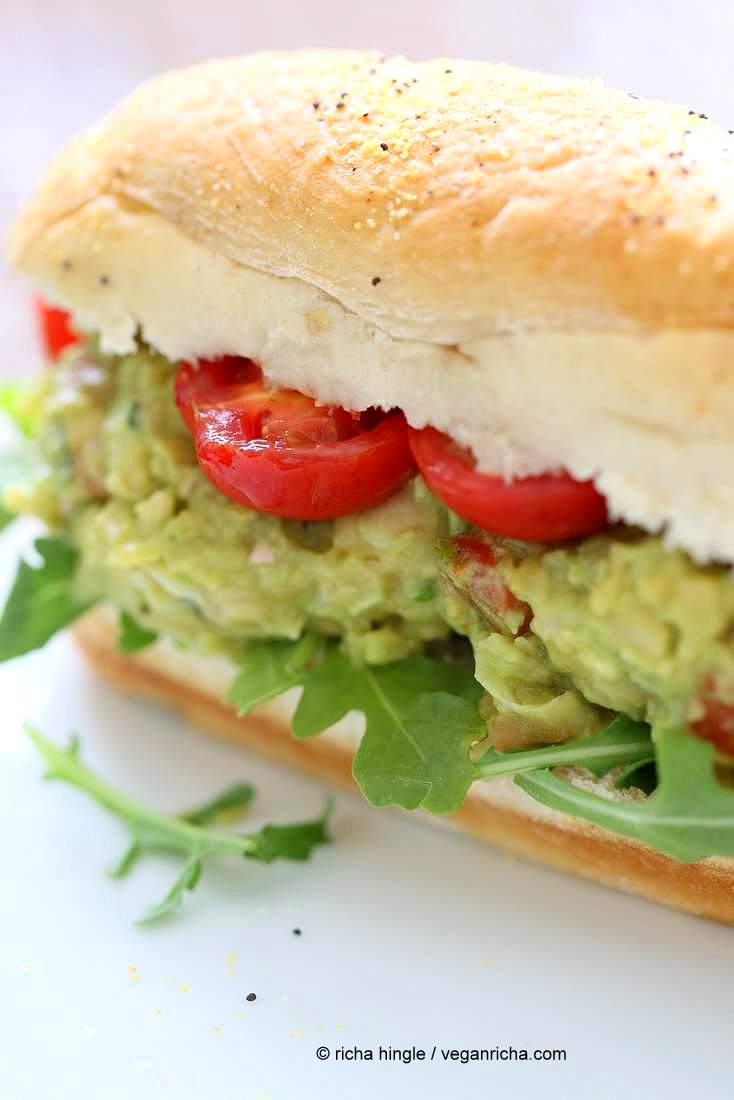 Spicy Avocado Chickpea Salad Sandwich | https://veganricha.com #vegan #soyfree #chickpea #avocado Serve as sandwiches, tacos or Smashed Chickpea Avocado Salad bowl to make gluten-free.