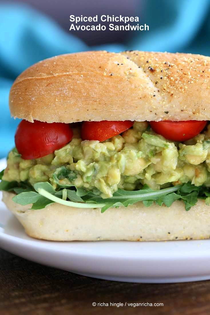 Spicy Avocado Chickpea Salad Sandwich | https://veganricha.com #vegan #soyfree #chickpea #avocado Serve as sandwich, tacos or Smashed Chickpea Avocado Salad bowl to make it gluten-free.