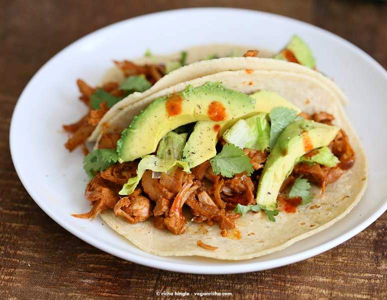 Spicy Chipotle Garlic Jackfruit Tacos - Shredded Jackfruit simmered in chipotle garlic sauce | https://VeganRicha.com #vegan #glutenfree #jackfruit #tacos