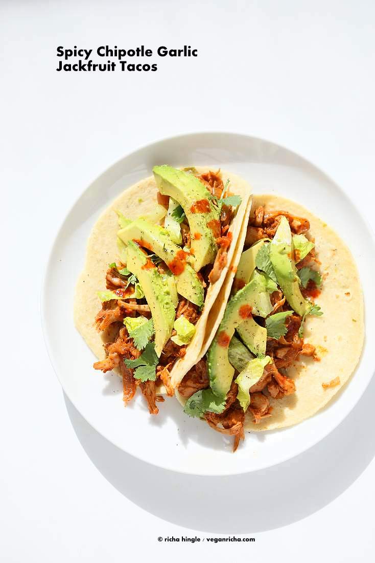 Spicy Chipotle Jackfruit Tacos - Shredded Jackfruit simmered in chipotle garlic sauce | https://VeganRicha.com #vegan #glutenfree #jackfruit #tacos