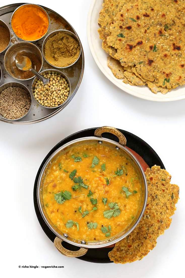 Dal Fry - Spiced Indian Lentil soup with multigrain herb flatbread| Vegan Richa #vegan #glutenfree #soyfree #Indian #lentils
