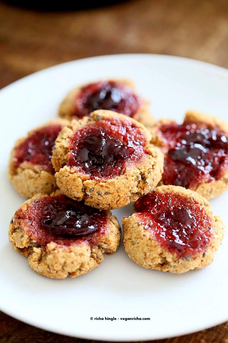 Cherry Almond Thumbprint Cookies - Almond Pulp Cookies | Vegan Richa #vegan #cookie #oilfree #nutbutter