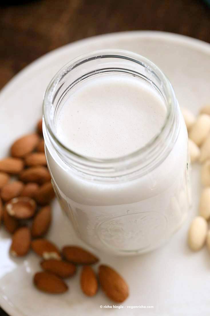 How to make Almond Milk with raw almonds or blanched almonds. Blanched almond milk has a less prominent flavor which works great for Indian Chai | Vegan Richa