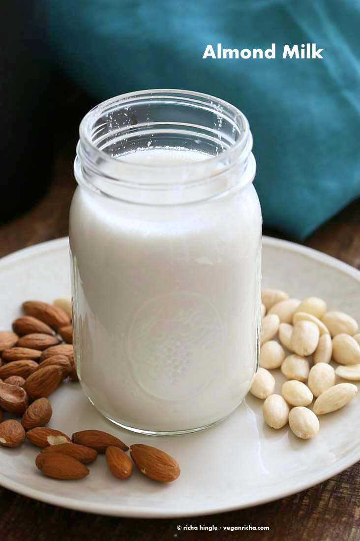 How to make Almond Milk with raw almonds or blanched almonds. Blanched almond milk has a less prominent flavor which works great for Indian Chai | Vegan Richa