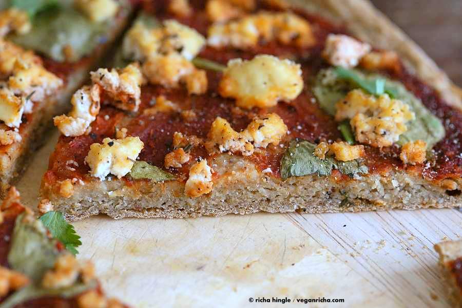 Gluten free Yeast free Vegan Pizza Crust Recipe. Easy Gluten-free Pizza Crust which is also Gum-free Soy-free and Nut-free | https://veganricha.com #glutenfree #vegan #pizza #yeastfree #chickpeaflour | Vegan Richa