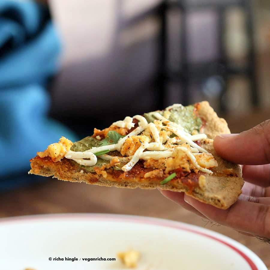 Gluten free Yeast free Vegan Pizza Crust Recipe. Easy Gluten-free Pizza Crust which is also Gum-free Soy-free and Nut-free | https://veganricha.com #glutenfree #vegan #pizza #yeastfree #chickpeaflour | Vegan Richa