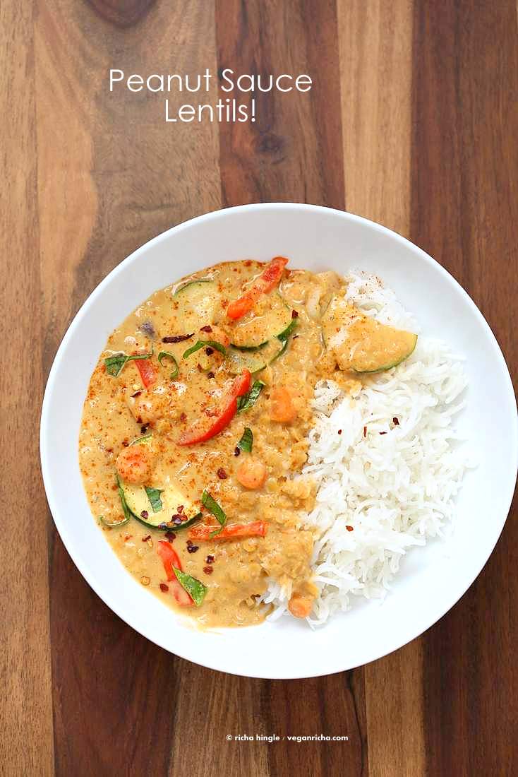 Veggies and Lentils in Peanut Sauce | Vegan Richa #vegan #glutenfree #plantprotein #lentils Easy weeknight meal. Yes, add lentils to Thai Peanut Butter Sauce! Use other nut butters for variation