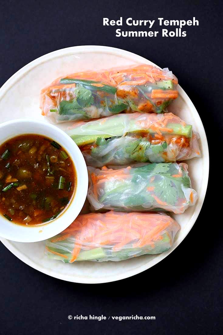 Red Curry Tempeh Summer Rolls served with manchurian or tonkatsu or peanut sauce | Vegan Richa #vegan #glutenfree