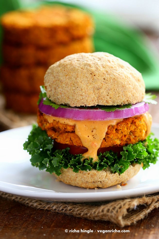 Sweet Potato Peanut Chickpea Burgers 35 Vegan Veggie Burger Recipes | VeganRicha.com