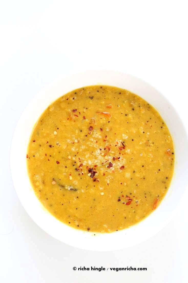 Sri Lankan Red Lentil Curry. Creamy Dal curry Spiced with fenugreek seeds, cinnamon, black peppercorns | https://VeganRicha.com #vegan #easy #glutenfree #soyfree #lentils #dal #recipe