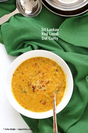 Sri Lankan Red Lentil Curry. Creamy Dal curry Spiced with fenugreek seeds, cinnamon, black peppercorns | https://VeganRicha.com #vegan #easy #glutenfree #soyfree #lentils #dal #recipe #veganricha